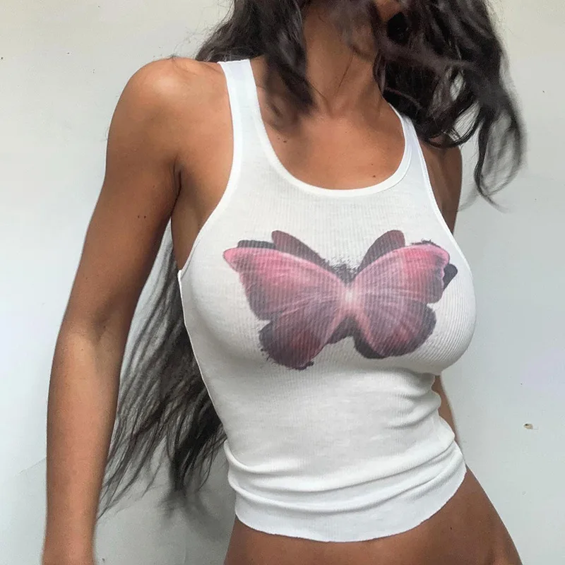 

Basic Women Tee Sexy Butterfly Print Sleeveless Camisole Vest White Crop Top Girls Streetwear Slim Gothic T Shirt Aesthetic Tops