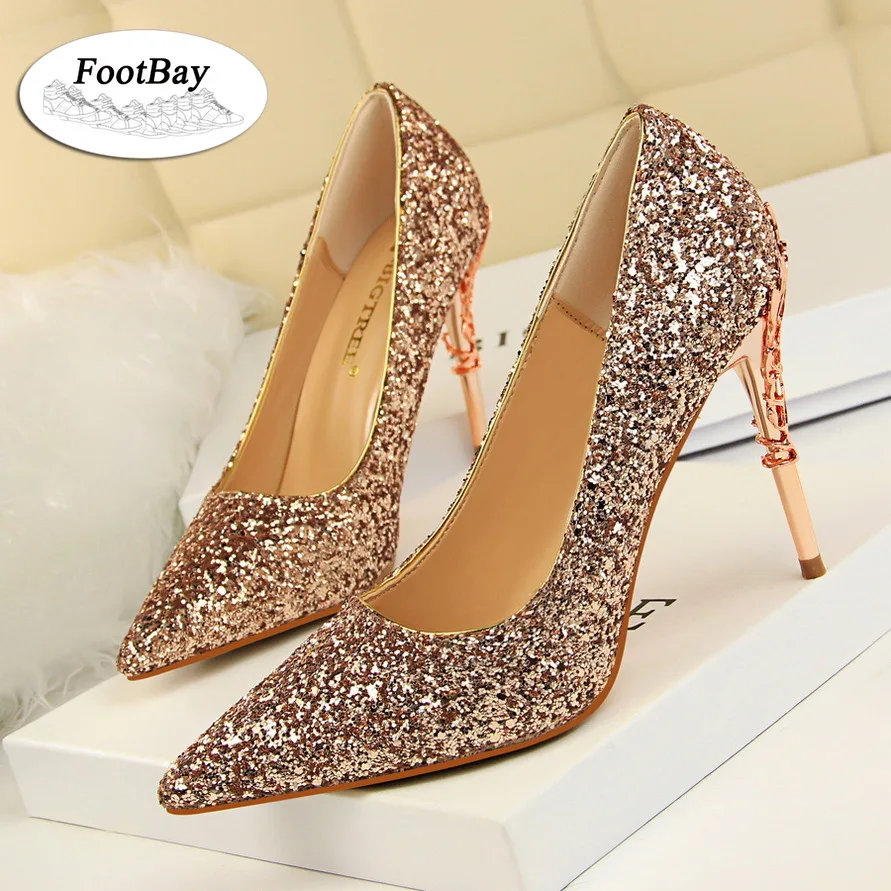 

Женские блестящие туфли на высоком каблуке, привлекательные брендовые тканевые туфли-лодочки с острым носком и блестками, 2022