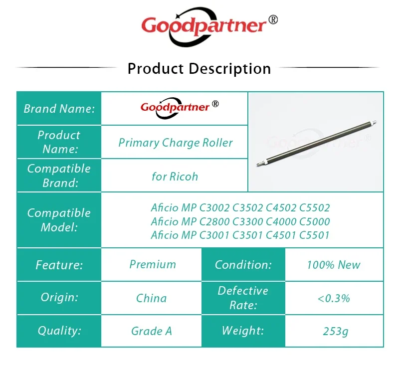 1 ролик первичной зарядки для RICOH Aficio MP C3002 C3502 C4502 C4502A C5502 C2800 C3300 C4000 C5000 C3001 C3501 C4501 C5501
