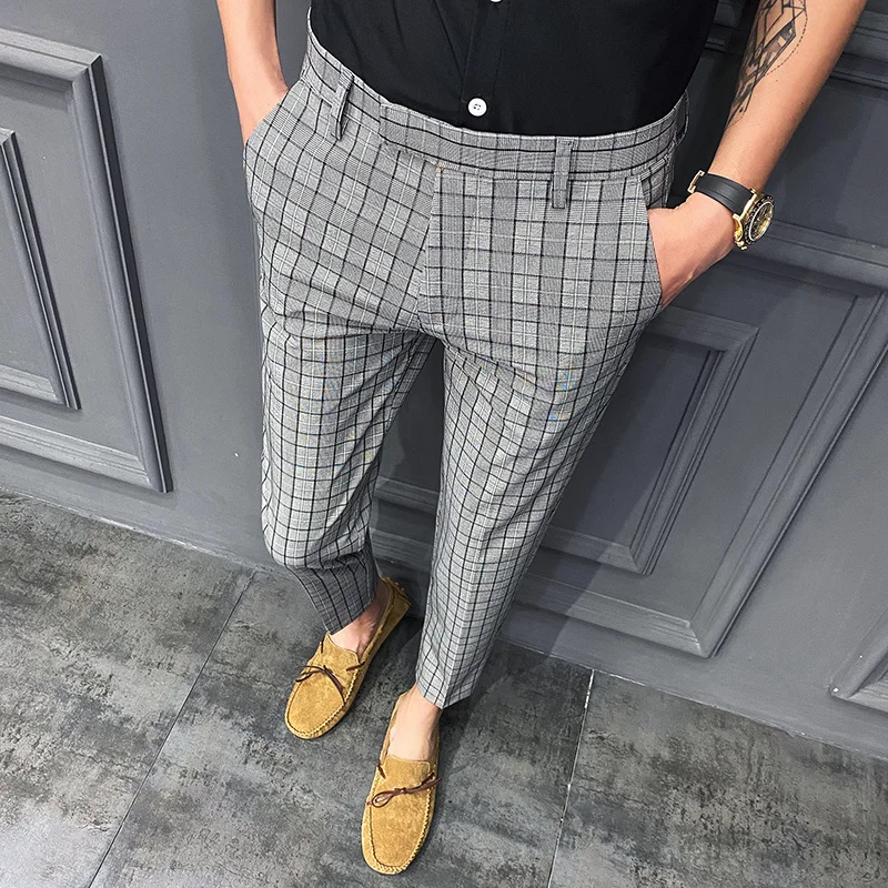 

2023 New Slim Thin Section Lattice Small Feet Nine-point Suit Pants Men's Summer Youth Korean Fashion Business Casual Trousers