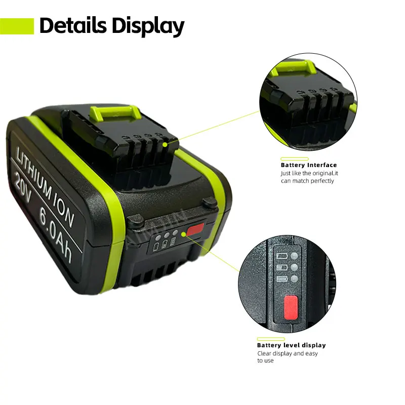 

For WKS 6.0Ah 20V Lithium-Ion Replacement Battery for Worx WA3551 WA3551.1 WA3553 WA3641 WG629E WG546E WU268 for Worx Power Tool