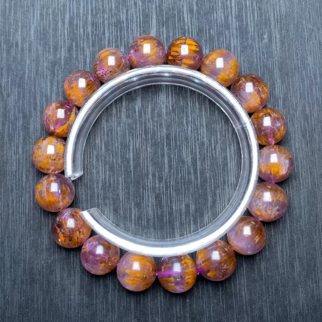 

Natural Cacoxenite Purple Gold Rutilated Quartz Bracelet 11.5mm Red Auralite 23 Clear Round Beads Bangle Women AAAAAA