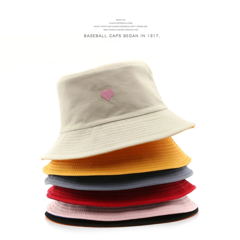 

1 Pcs Cotton Outdoor Hats Couple Sun Protection Bucket Hat Heart Embroidery Double-Sided Reversible Summer Hat