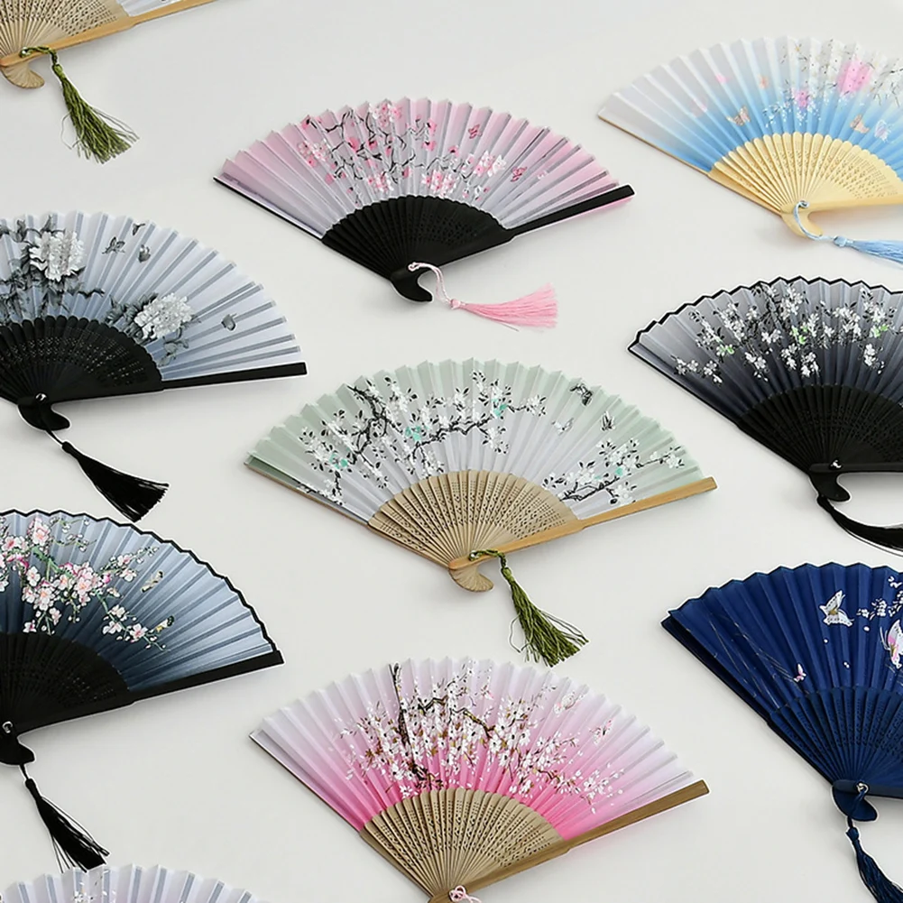 

Vintage Silk Folding Hand Fan Bamboo Chinese Fabric Fan Pattern Art Craft Japanese Decoration Home Bride Folding Hand Fan