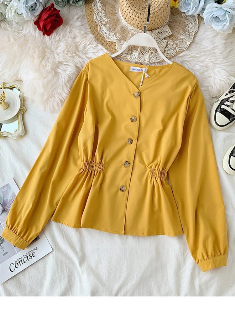 

Женская блузка Весна-Осень в Корейском стиле с V-образным вырезом, плиссированная однобортная рубашка, новинка, дикая свободная тонкая руба...