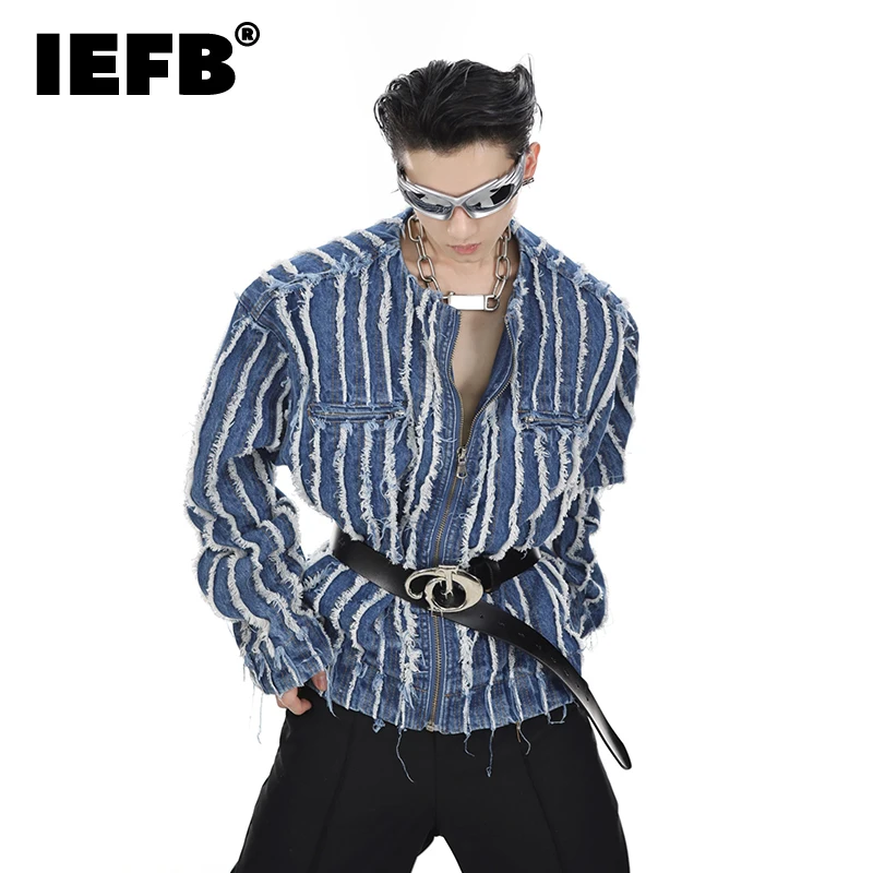 

Трендовая мужская куртка IEFB, модное джинсовое пальто в полоску с бахромой и наплечниками, нишевой дизайн без воротника, индивидуальная мужская одежда 9C679