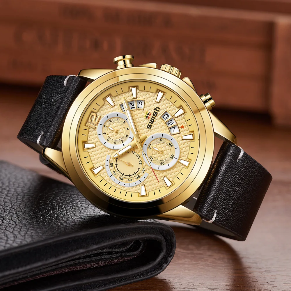 New is a hot three eyes six needles sports outdoor leisure belt table men's watch a piece of hair