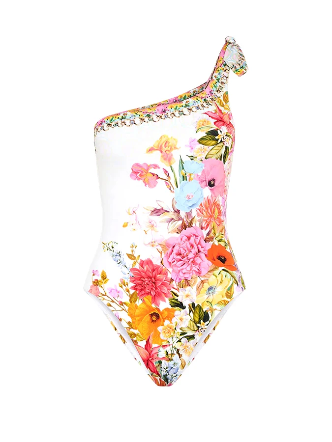 Fashion Vintage Floral  Cluster Print Oblique Shoulder One Shoulder Wrong Into Design One-piece Women's Bikini Swimsuit Cover Up