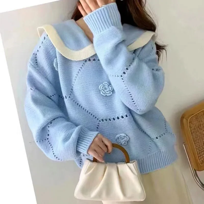 MJG Свободный вязаный топ с кукольным вырезом в корейском стиле осень 2024