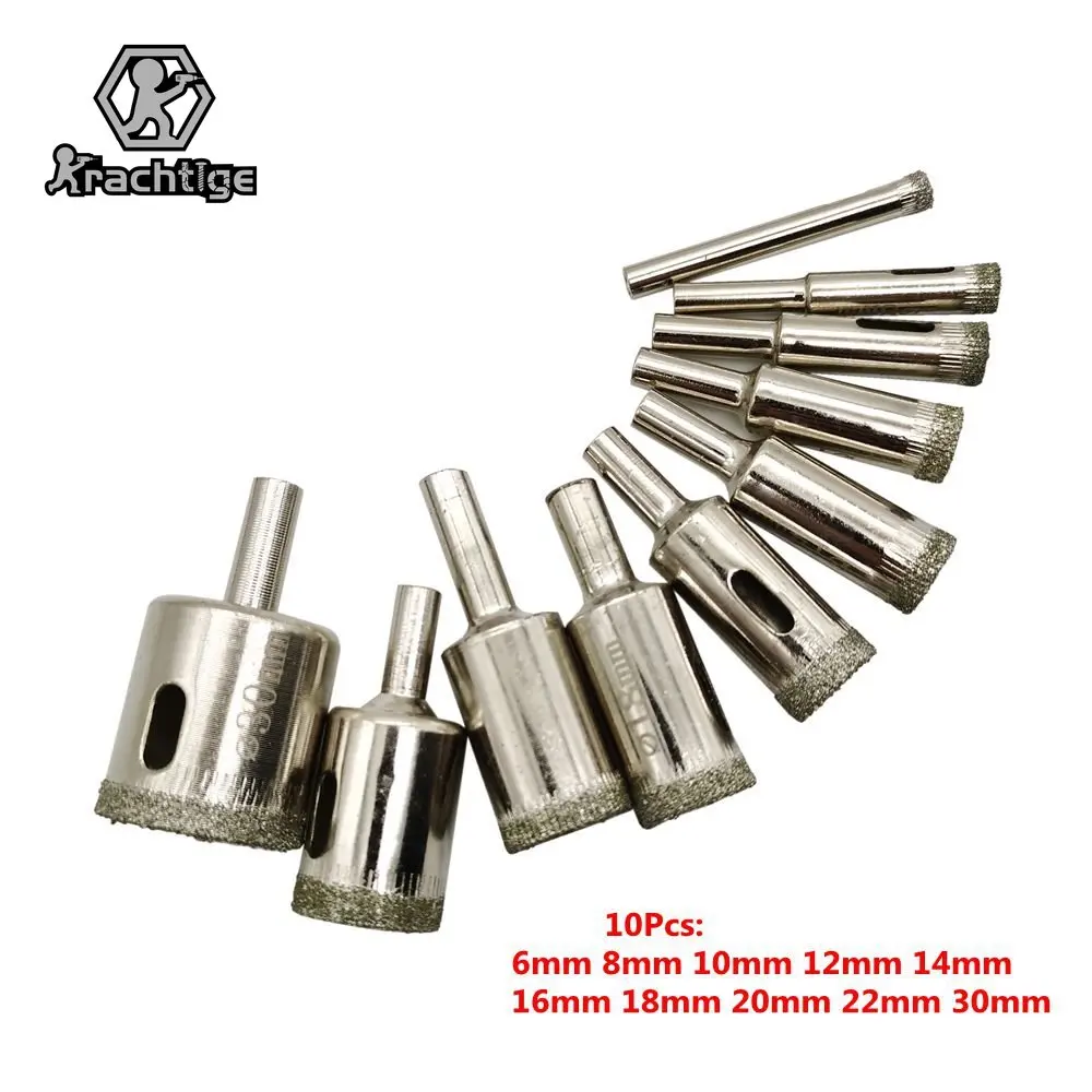 10Pcs 6-30mm Diamond Coated Glass Core Hole Drill Bits Set for Glass Tile Marble Concrete Ceramic