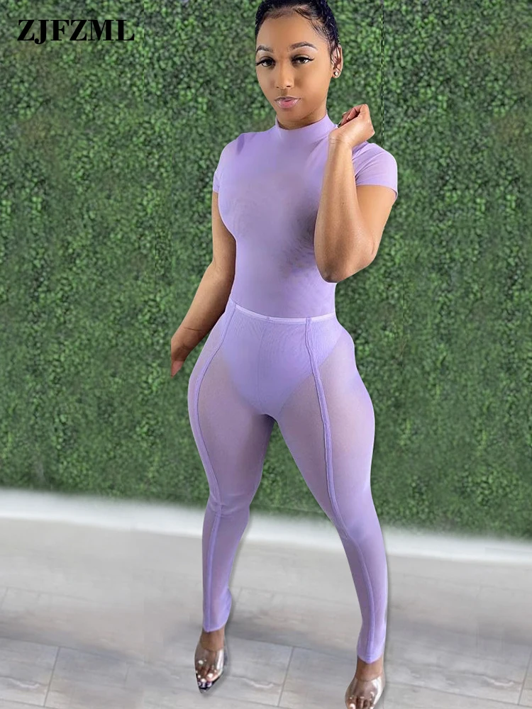 

Sheer Mesh Transparent 2 Piece Suits Streetwear Y2k Clothes Purple Short Sleeve Skinny Bodysuit and Black Slim Fit Legging Sets