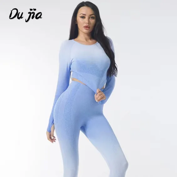 

Бесшовные градиентные рубашки для йоги, укороченный топ с длинным рукавом, рубашки для женщин, Йога, спорт, фитнес, тренажерный зал, ткань, тр...