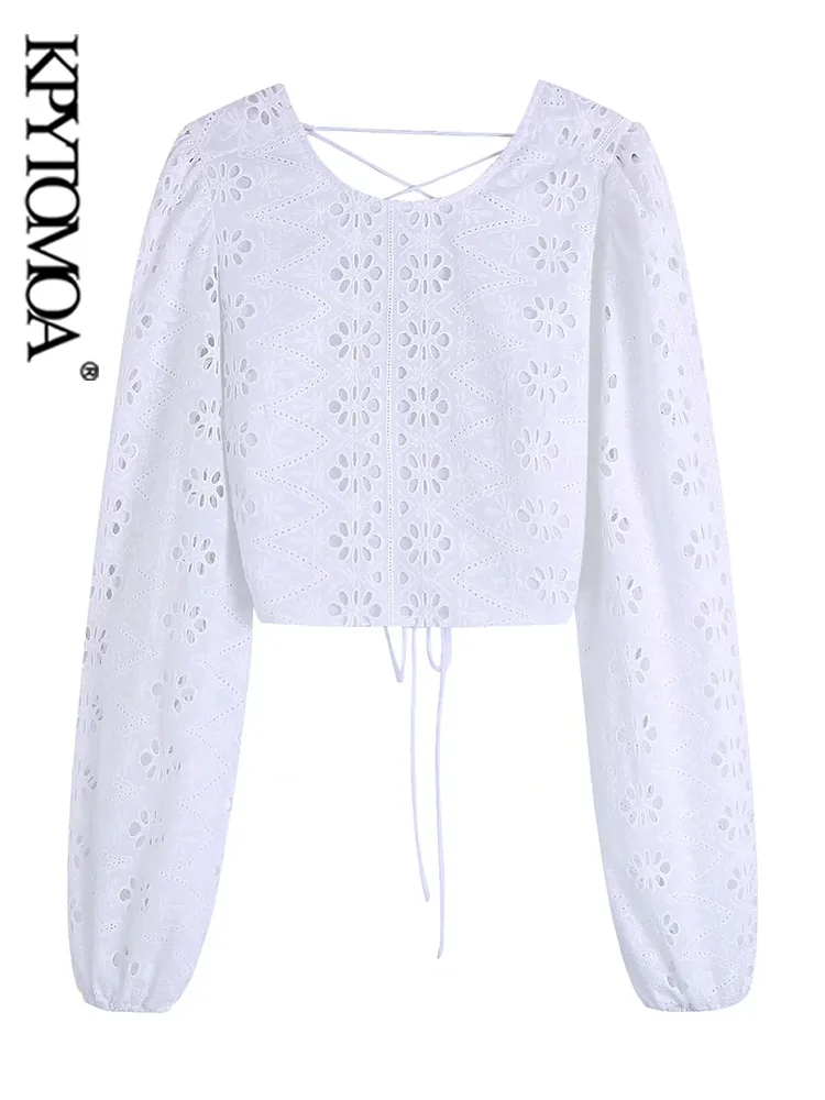 

KPYTOMOA Women Fashion With Ties Cutwork Embroidery Crop Blouses Vintage O Neck Long Sleeve Female Shirts Blusas Chic Tops