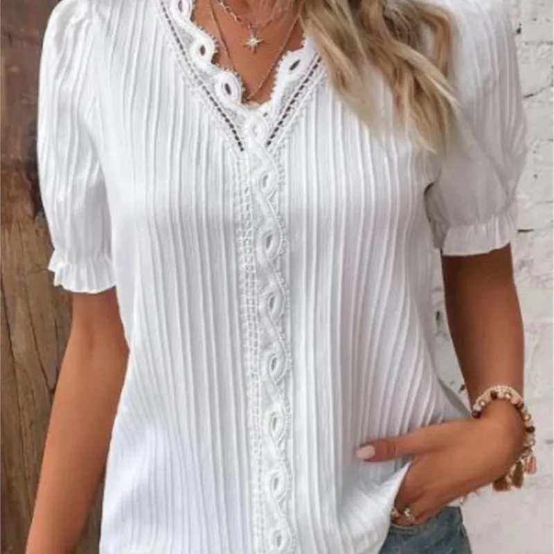 

2023 Summer New Vacation Fashion Hollow Short Sleeve Women's Shirt Solid Casual Lace V-neck Tops Chiffon Short Sleeve Blouse