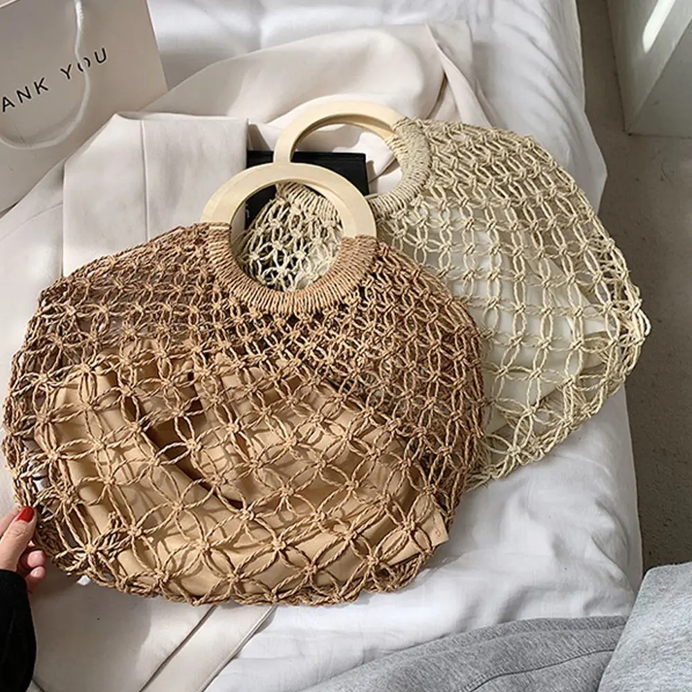 

2022 New Female Beach Handbags , Fashion Summer Straw Woven Crossbody Bag , Wooden Handhold Design Women Straw Tote