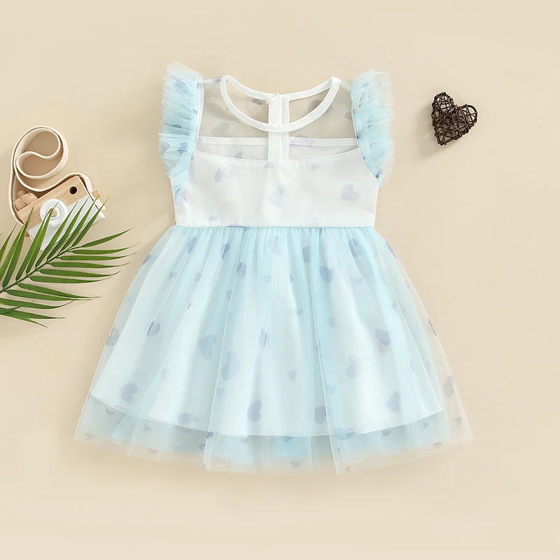 

Summer Kids Girls Dress Heart Print Mesh Patchwork Ruffle Sleeveless Clothes 2-7Years