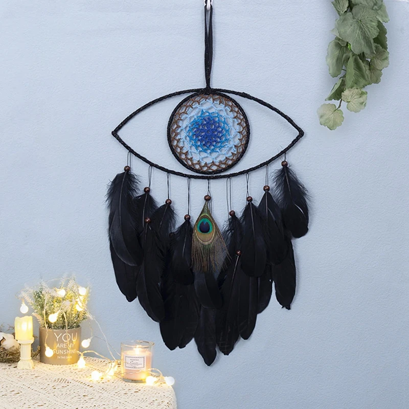 

Evil Eye Dream Catcher Black Handmade Hanging Wall Decor Boho Good Luck Dream Catchers Feather With Light For Kids Home