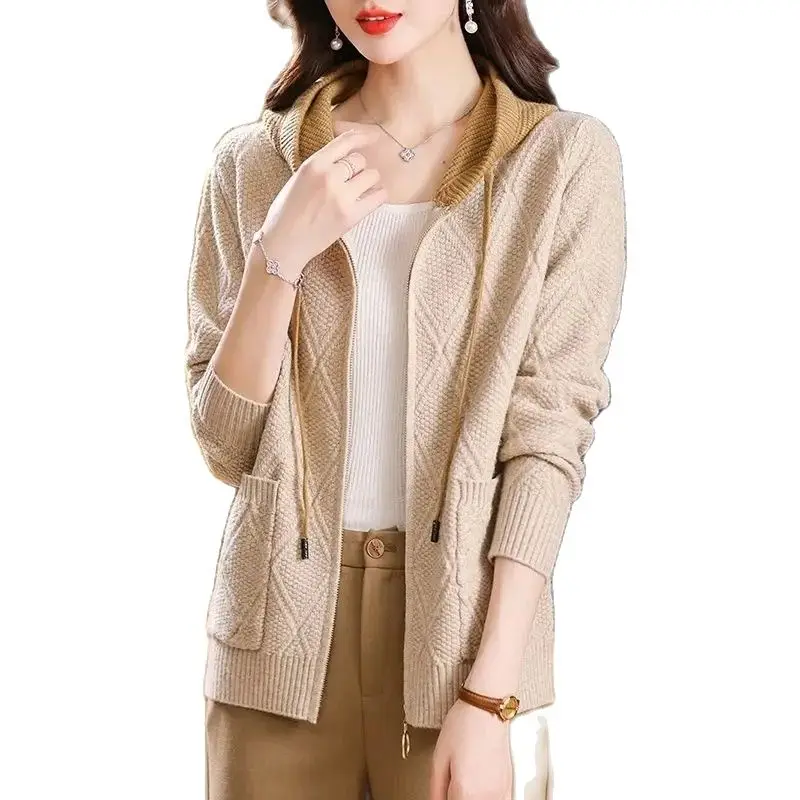 Свитер с капюшоном весна-осень пальто для мам среднего возраста новинка 2024