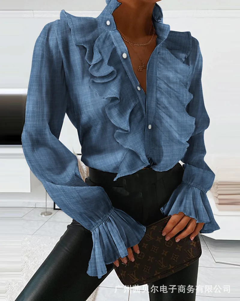 

Women's blouse 2022 nova denim babados camisa de mangas compridas fashion woman blouses