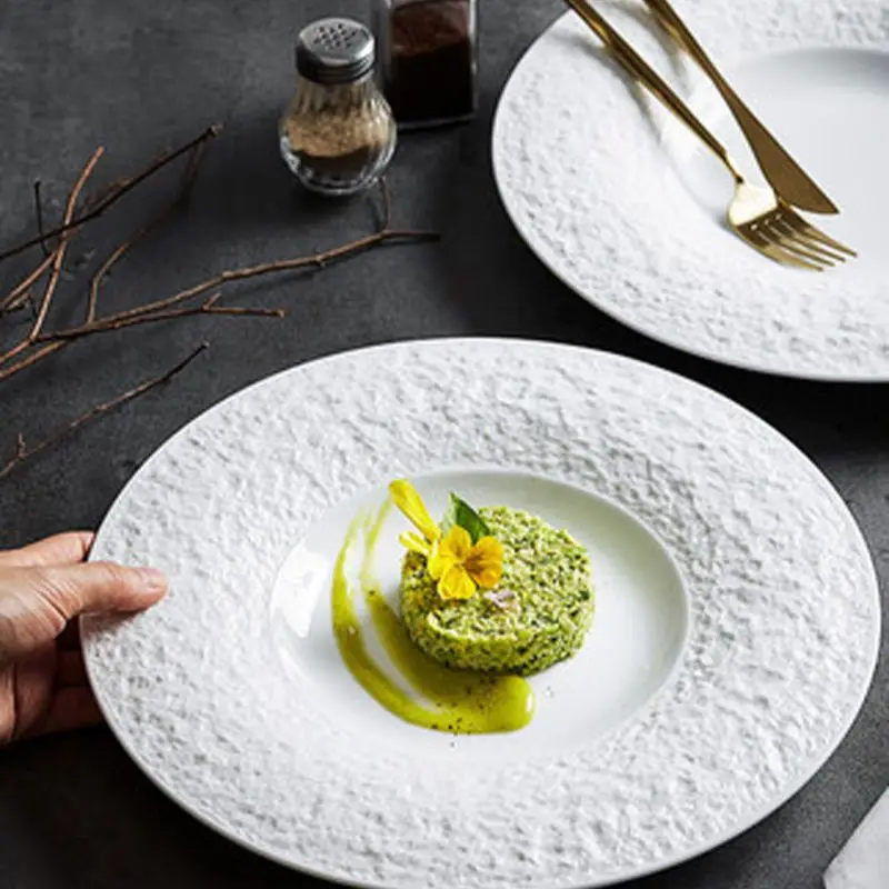 

FANCITY White 10-inch ceramic embossed stone pattern western plate dish plate high-end dining plate high-end hotel restaurant co