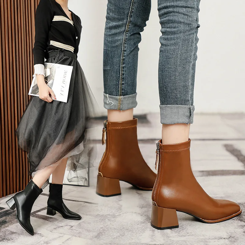 

Short Boots Women's Autumn and Winter New Martin Boots Versatile Square Toe Thick Heel Single Boots Middle Slender Boots Fashion