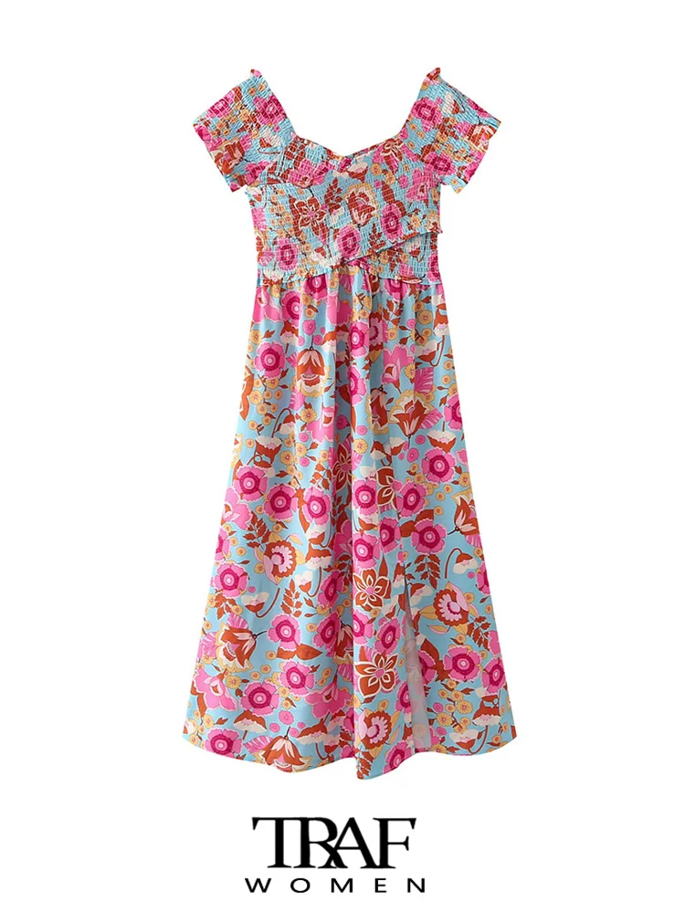 

TRAF Women Fashion Floral Print Smocked Midi Dress Vintage Short Sleeve Front Slit Female Dresses Vestidos Mujer