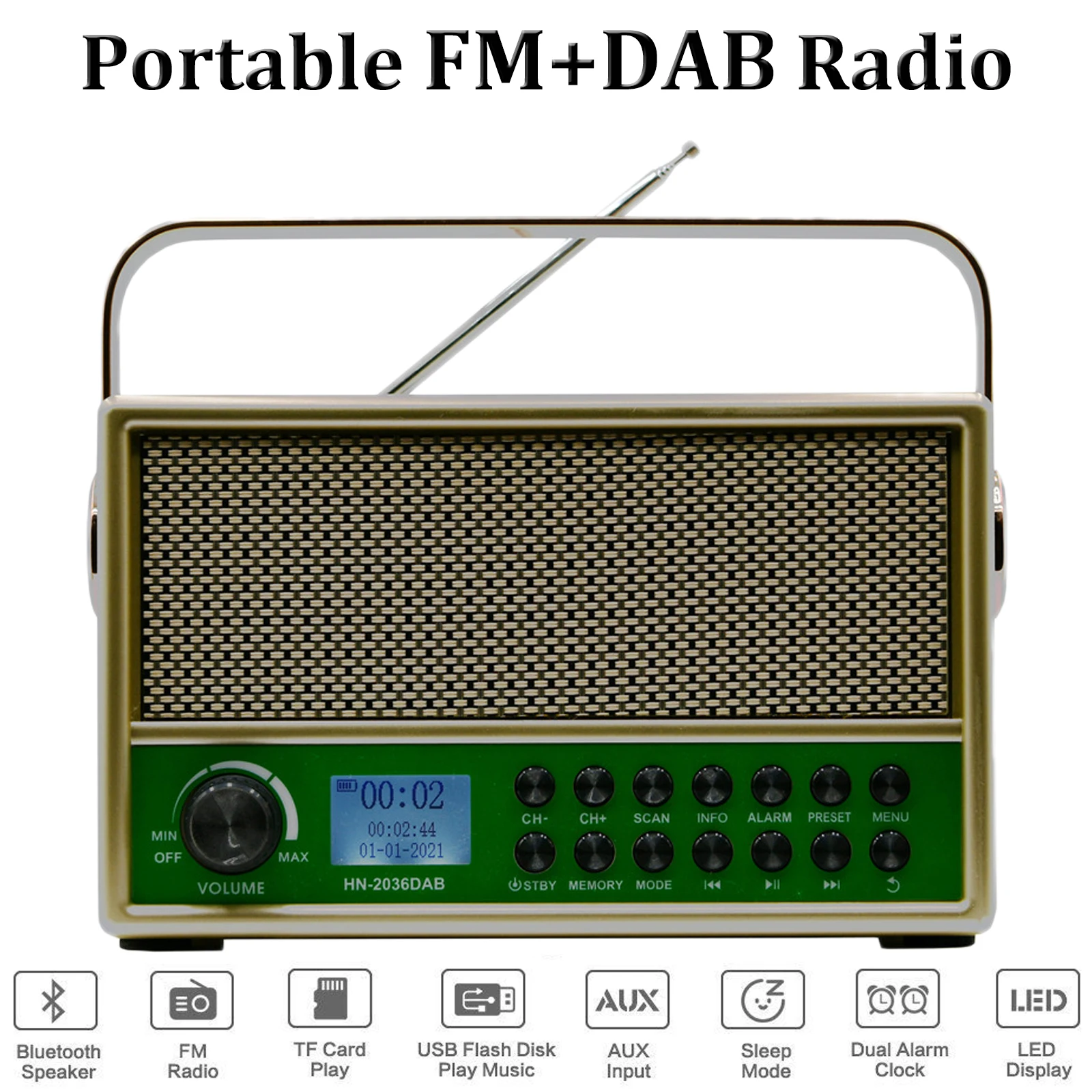 Portable DAB Radio Retro Digital FM Receiver Bluetooth Speaker TF/USB/AUX MP3 Player with LED Display Support Dual Alarm Clock