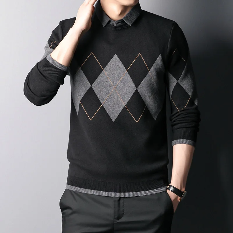Fake Two Pieces Sweater For Men 2022 New Arrivals Winter Male Knitted Pullover Fashion Geometrical Pattern Korean Style M19