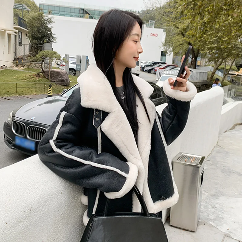 Lady Shearing Leather Jacket 2022 New Thick Warm Crop Genuine Sheepskin Overcoat Fur Lining Splicing Winter Coat Fashion MH3899L