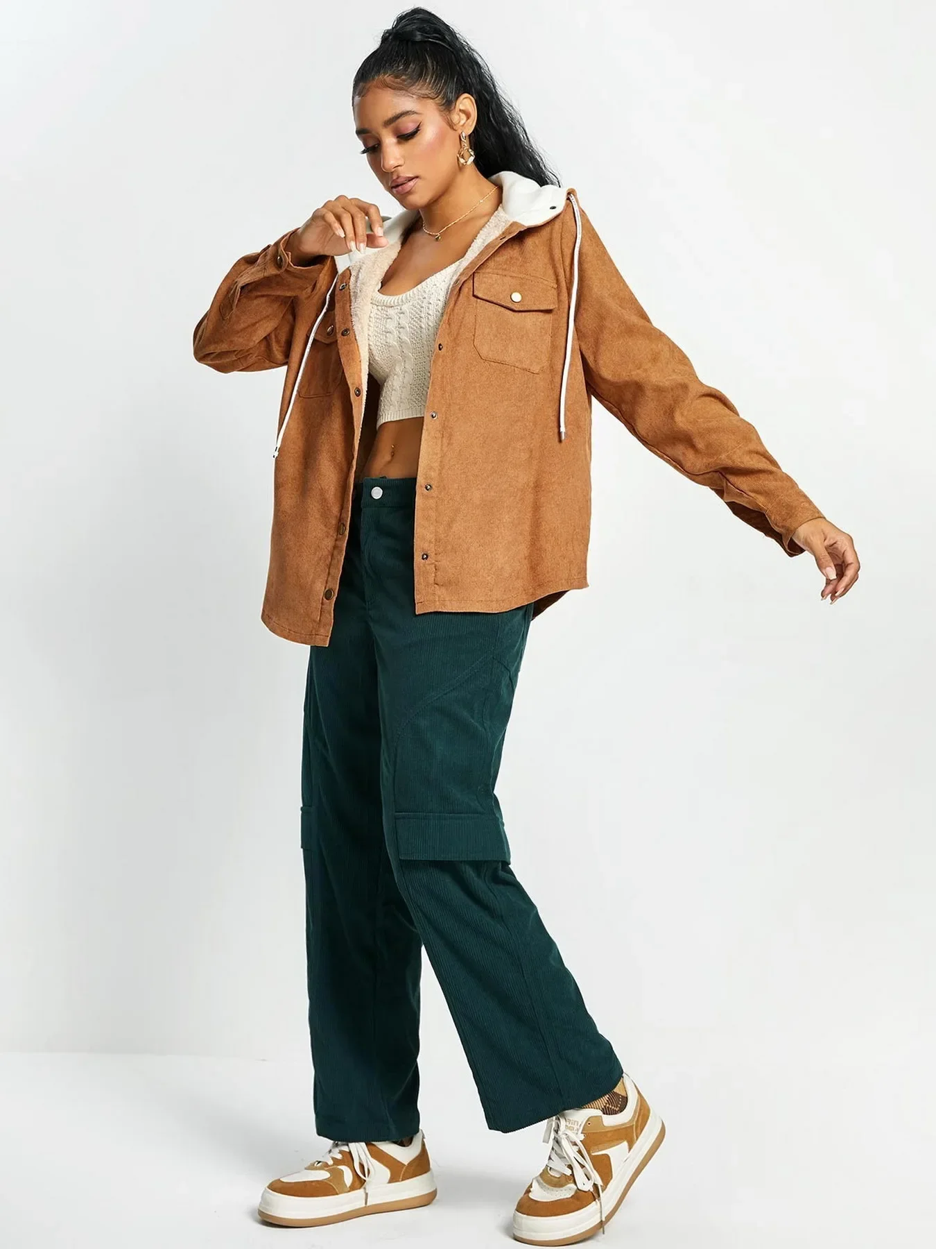 ZAFUL женская вельветовая куртка с капюшоном на флисовой подкладке однотонное