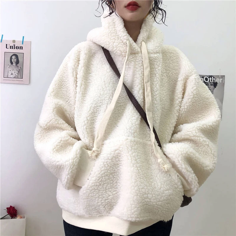 

Winter Loose Long-sleeved Lamb Plush Warm Ladies Pullover Plus Velvet Thickening Casual Loose Lantern Sleeve Women's Hoodie