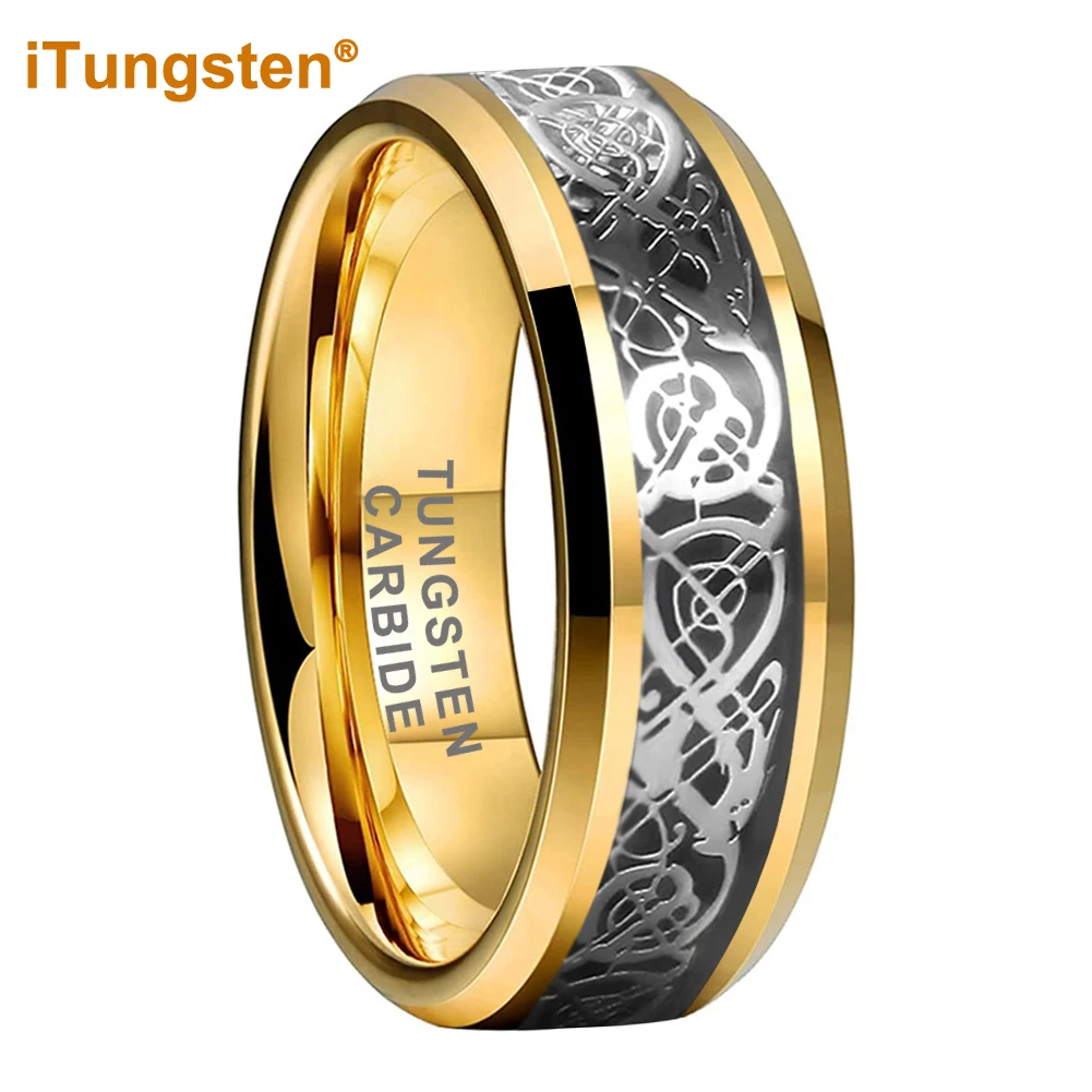 

iTungsten 8mm Black Carbon Fiber Inlay Dragon Ring for Men Women Tungsten Wedding Band Fashion Jewelry Beveled Edges Comfort Fit