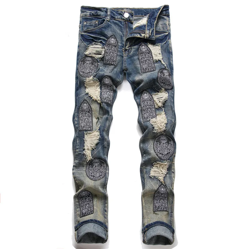 

Джинсы мужские рваные с вышивкой, облегающие брюки в стиле пэчворк, уличная одежда с дырками, брюки-багги в стиле хип-хоп, панк