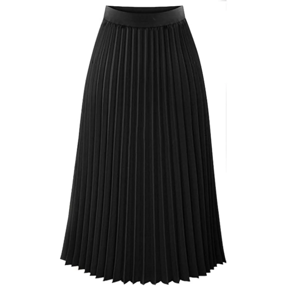 Long Skirts Womens Solid Pleated Elegant Midi Elastic Waist Maxi  Korean Fashion Black  Jupe Longue Femme