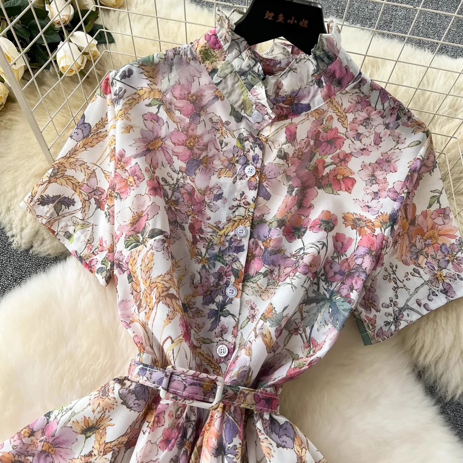 Женское винтажное платье-рубашка с цветочным принтом