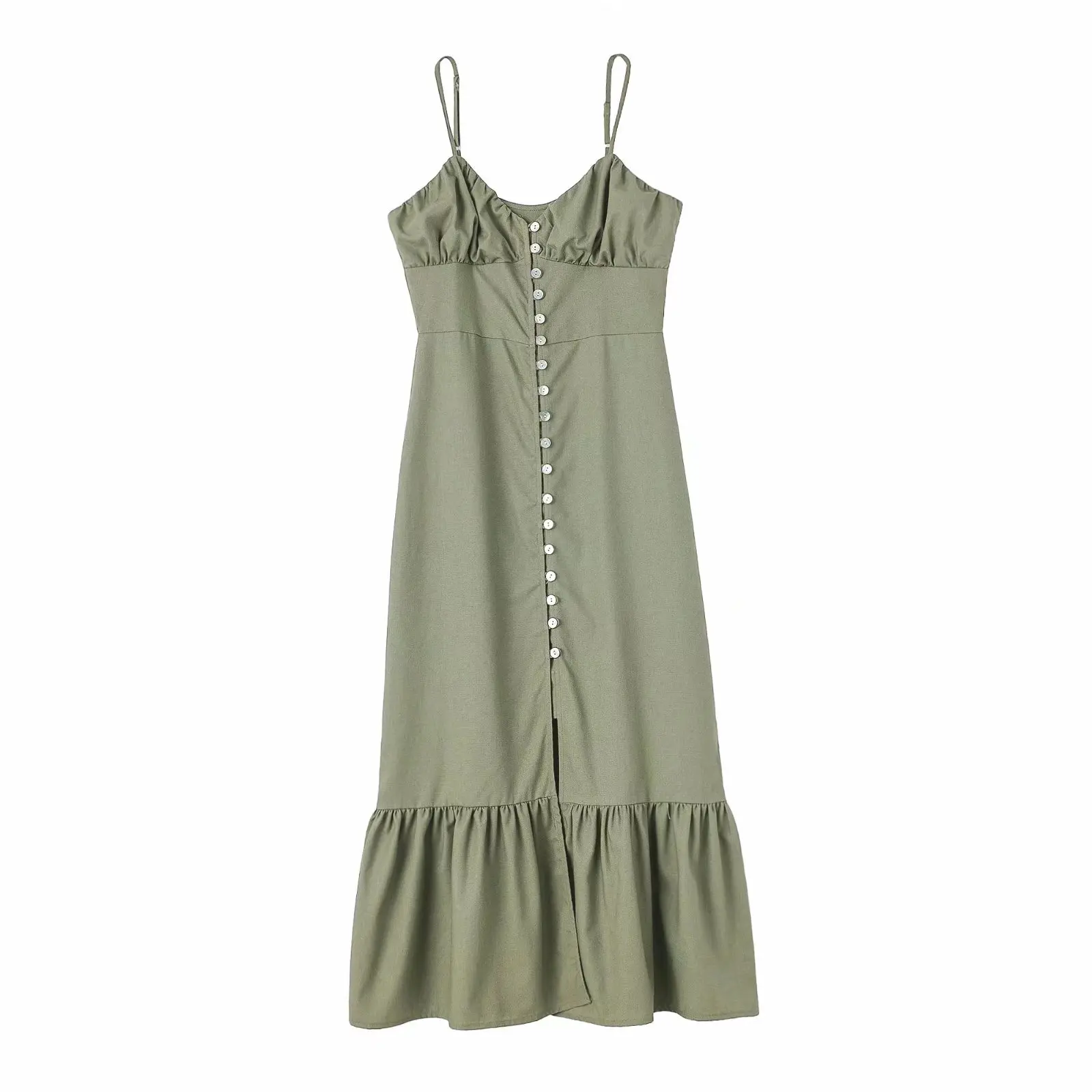 

2022 Women Fashion Front Buttons Linen Satin Midi Dress Vintage Backless Zipper Tied Thin Straps Female Dresses Vestidos