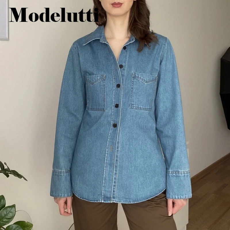 

Modelutti 2023 New Spring Summer Women Fashion Long Sleeve Vintage Denim Shirt Simple Pocket Blouses Versatile Tops Female Chic