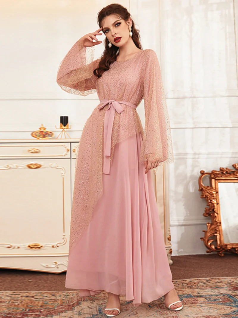Elegant Dresses For Women Sequins Mesh Solid Pink Maxi Dress O-Neck Full Sleeve Belted Caftan Marocain Ladies Party Robe Ramadan