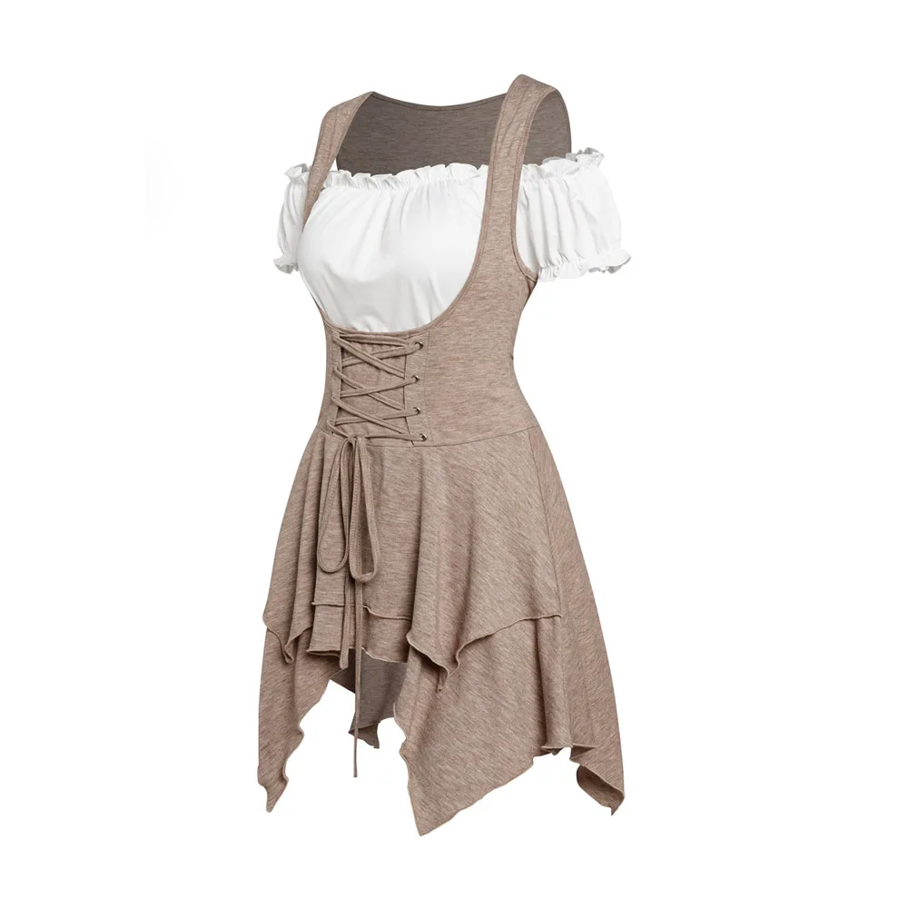 

Женский модный винтажный стиль на шнуровке, многослойный Асимметричный топ и футболка с открытыми плечами и оборками