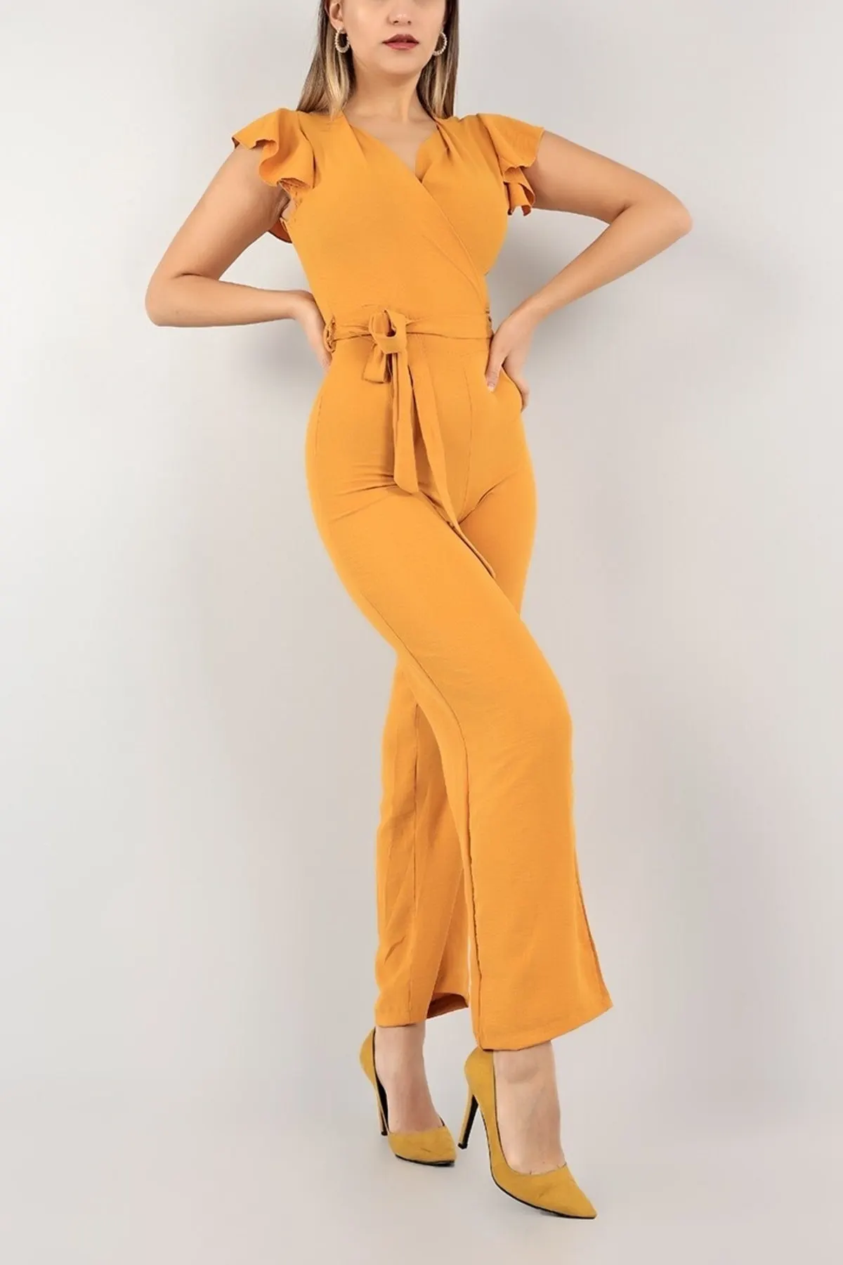 

Women's Overalls Mustard Double Breasted Collar aerobic Jumpsuit Hot Casual Fashion Sleeveless Baggy Trousers Jumpsuit