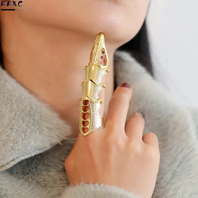 

2021 NEW Cool Boys Punk Gothic Rock Scroll Joint Armor Knuckle Metal Full Finger Ring Gold Cospaly DIY Ring Halloween decoration