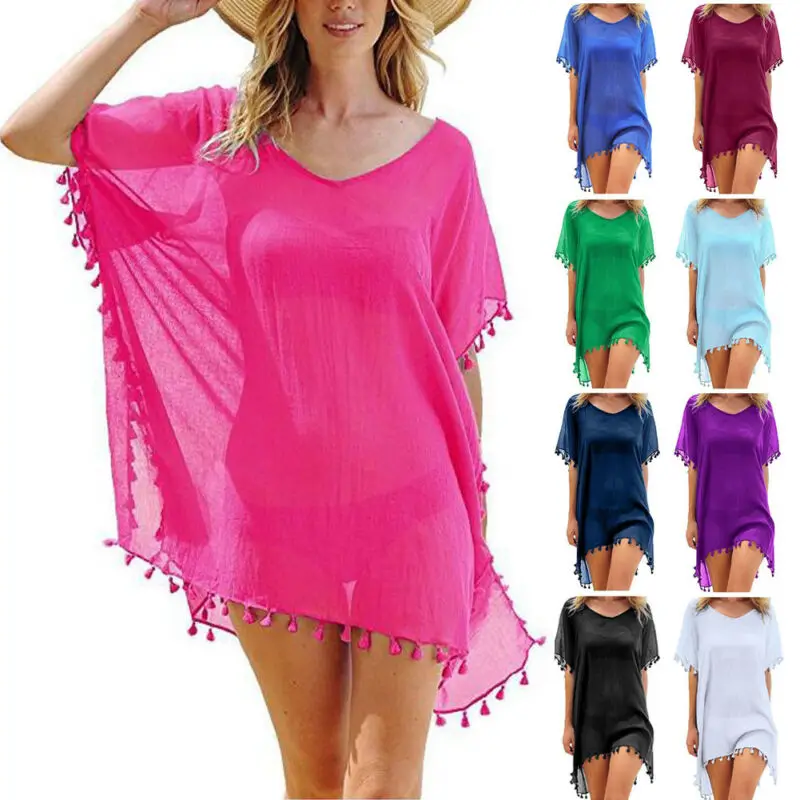

New Chiffon Tassels Beach Wear Women Swimsuit Cover Up Swimwear Bathing Suits Summer Mini Dress Loose Solid Pareo Cover Ups
