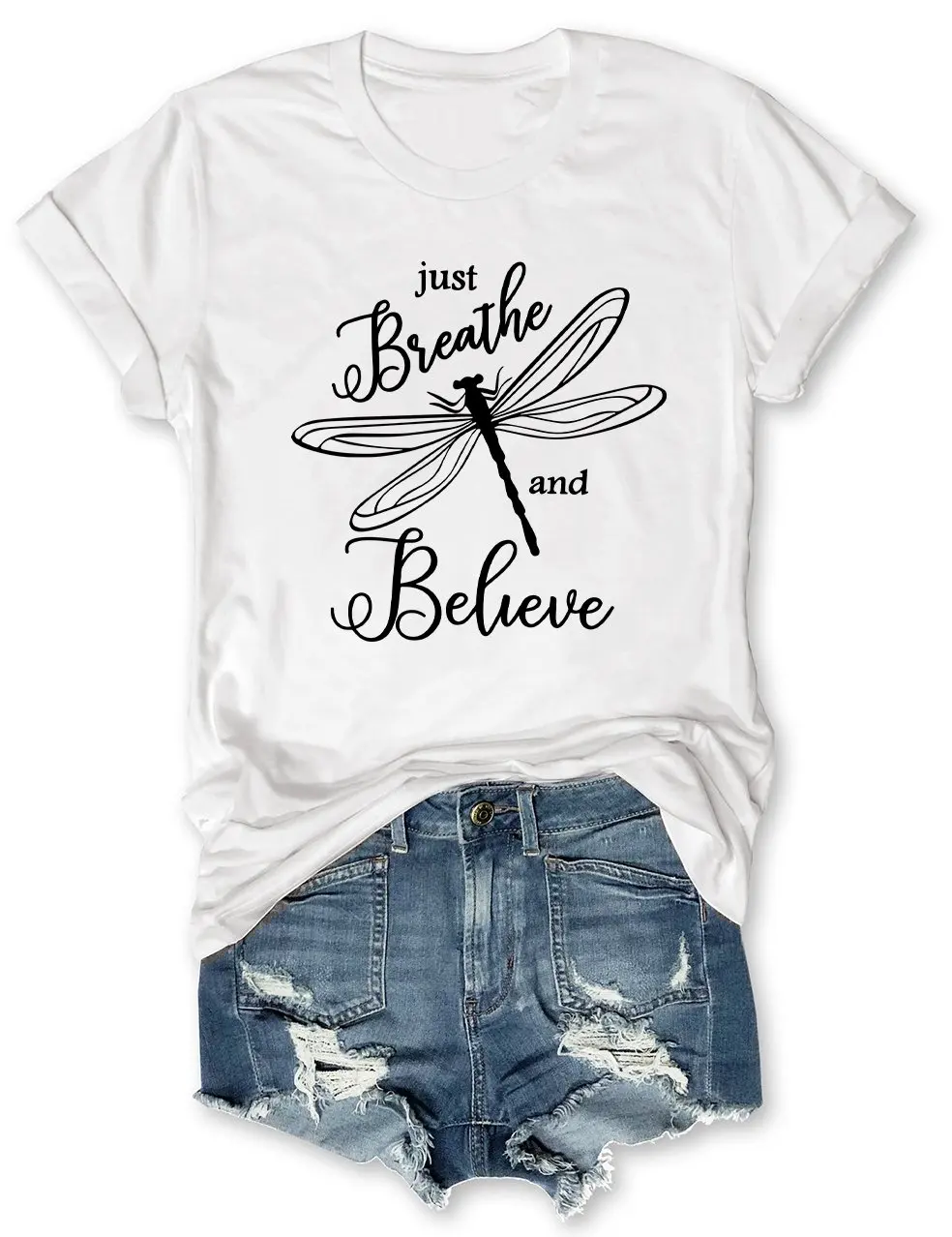 

Teeteety Womens High Quality 100% Cotton Just Breathe and Believe Dragonfly Print O-neck T-shirt