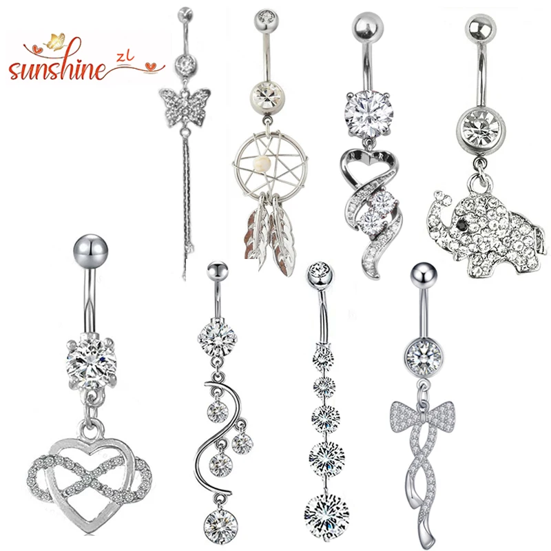 

Zircon Crystal Belly Button Ring Dangle Wing Piercing Nombril Ombligo Surgical Steel Barbell Heart Round Navel Stud Body Jewelry