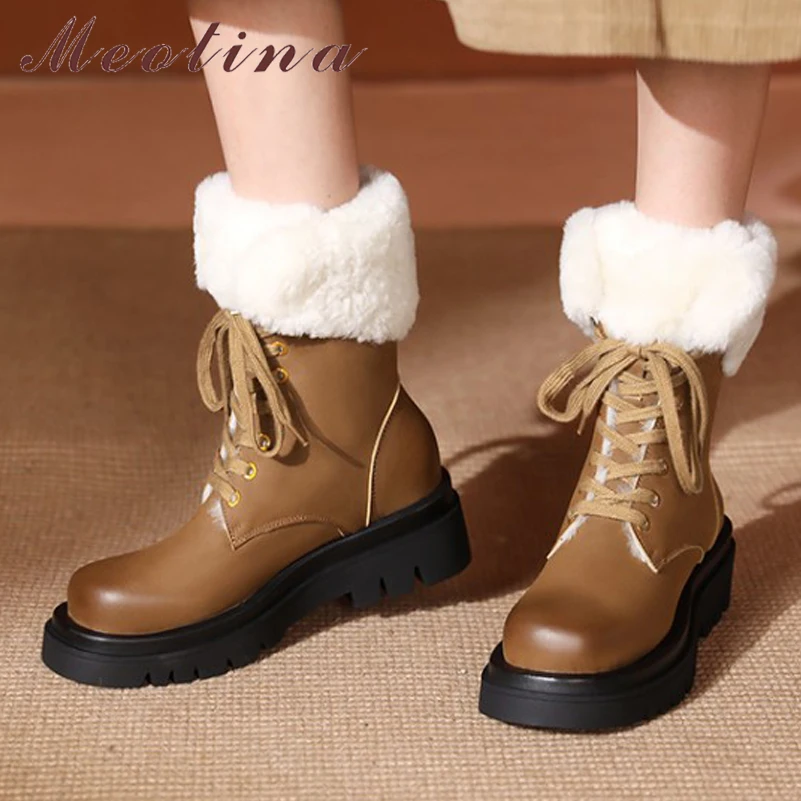 

Meotina Women Genuine Leather Ankle Fur Wool Boots Round Toe Platform Flat Lace-up Ladies Fashion Short Boot Winter Shoes Black