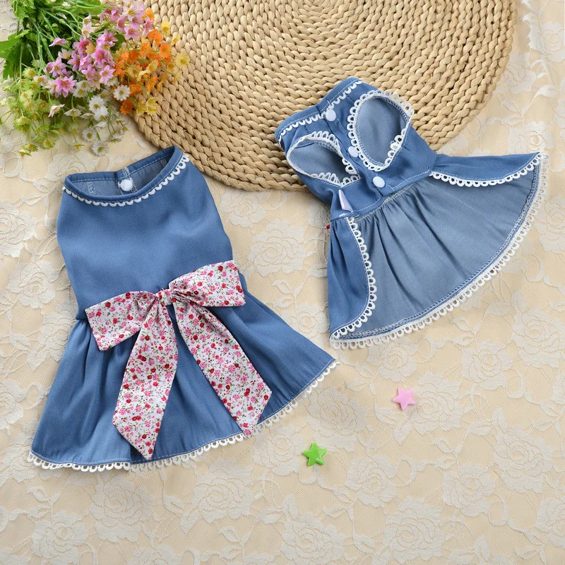 

Chihuahua Bow Skirt for Small Medium Dogs Floral Denim Skirt 2022 New Schnauzer Bichon Plush Princess Dress