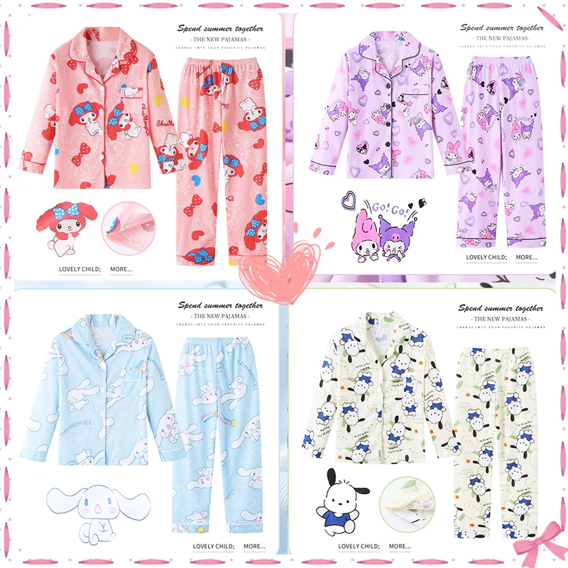

Sanrioed Kids Pajamas Kawaii 2 Piece Set Soft Home Colthes Pants Shirt Cotton Anime Pochacco Cinnamoroll Kuromi Girls Boys Gift