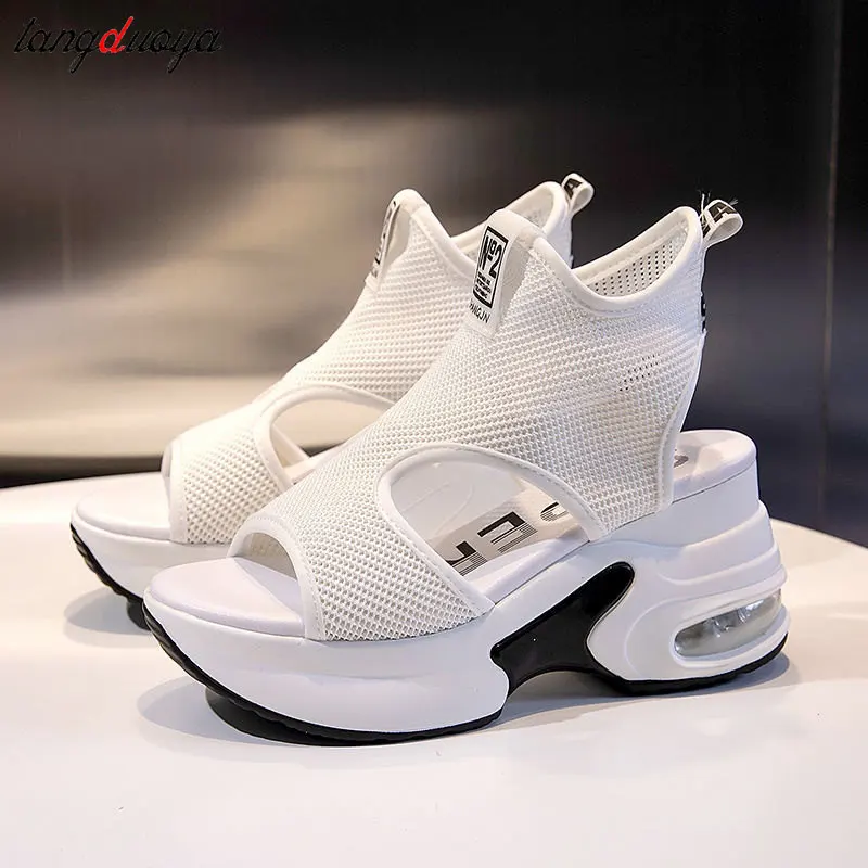 

white Women's Sandals Wedges Footwear Summer Platform Sandals Women Shoes Female Slip on Peep Toe Knitted Ladies Sneakers Casual