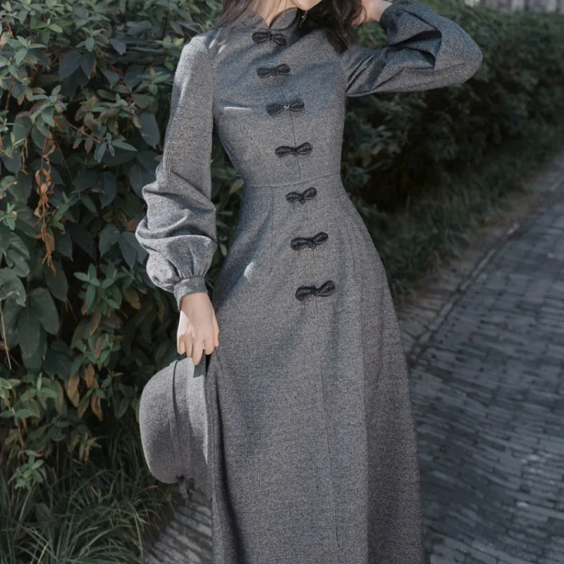 

Chinese Lantern Sleeve Slim Maxi Dress Elegant Ladies Fashion Vintage Stand Women Autumn Spring Dress Collar Cheongsam Dresses