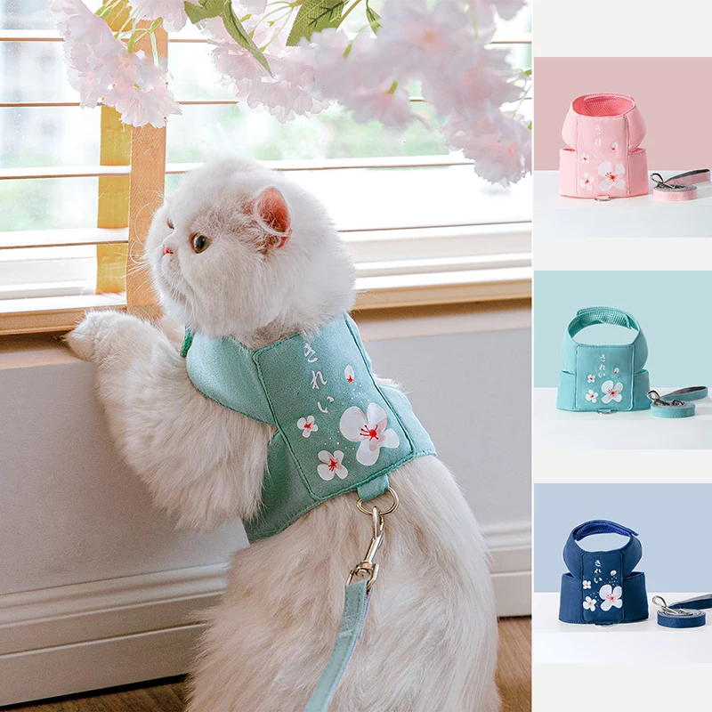

Японский стиль, Сакура, кошка, собака, шлейка с поводком, Регулируемый жилет, прогулочный поводок для кошек, прогулочная веревка, жилет для к...